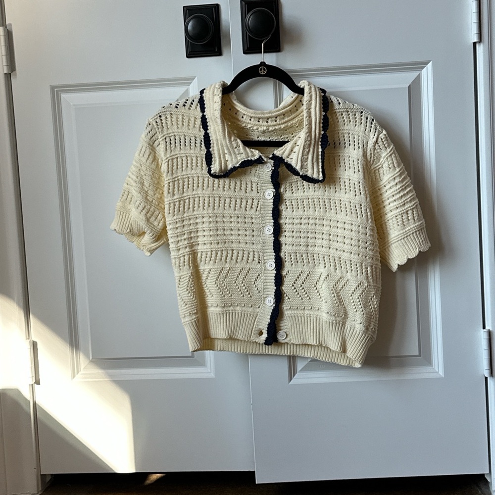 Cider crocheted cream and navy Short Sleeve Cardigan